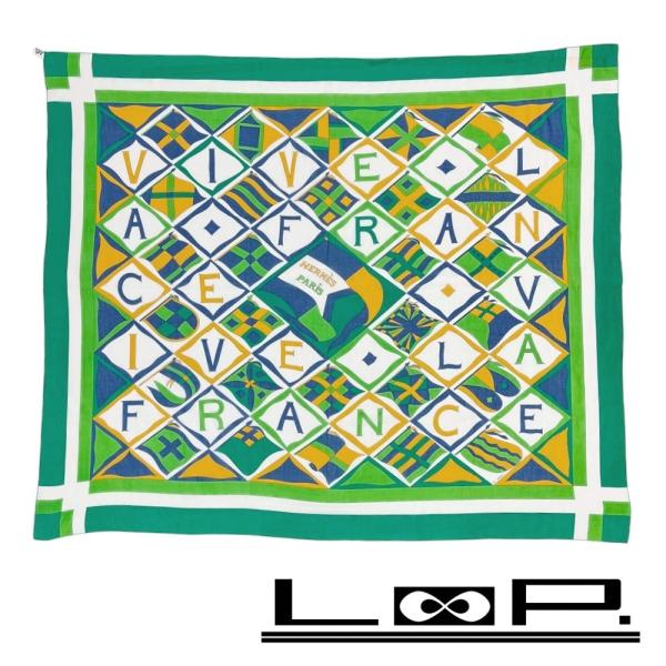 ■美品■　エルメス パレオ 大判 ストール VIVE LA FRANCE コットン グリーン系 箱 【326691】2 □美品□ エルメス パレオ 大判 ストール VIVE LA FRANCE コットン