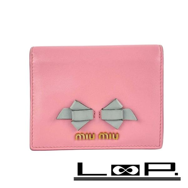 ■中古■　ミュウミュウ 二つ折り 財布 コンパクト レザー ピンク グレー 箱 【332814】8 □中古□ ミュウミュウ 二つ折り 財布 コンパクト レザー ピンク