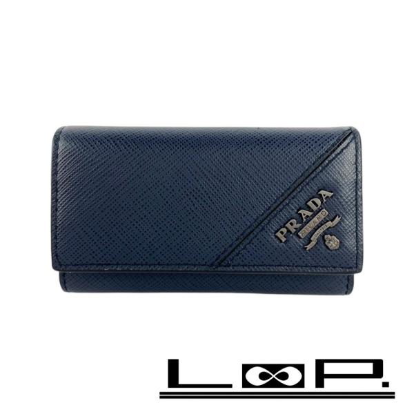 □美品□ プラダ キーケース 6連 サフィアーノ レザー ネイビー 2PG222  
