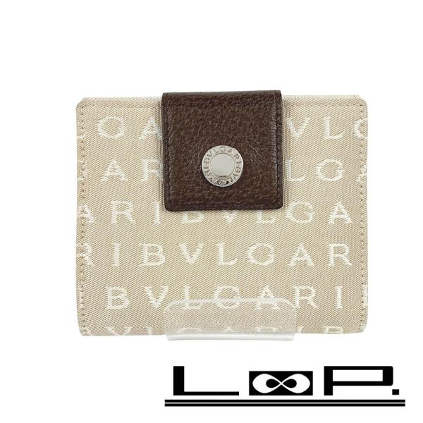 ■美品■　ブルガリ ロゴマニア 2つ折り 財布 コンパクト Wホック ベージュ 22241 【340079】3 □美品□ ブルガリ ロゴマニア 2つ折り 財布 コンパクト Wホック