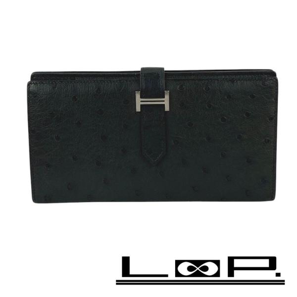 □中古□ エルメス ベアンスフレ 長財布 オーストリッチ ブラック Z刻