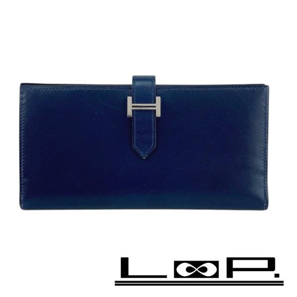 □美品□ エルメス ベアンスフレ 長財布 ボックスカーフ ブルー □N刻