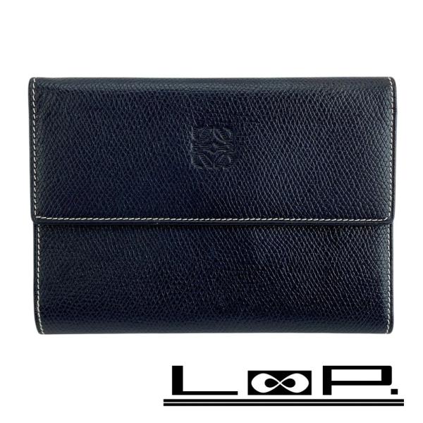□中古□ ロエベ 2つ折り 財布 アナグラム レザー ネイビー 【411854