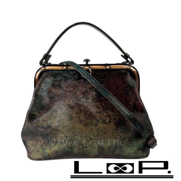 ジャンポールゴルチエ　Vサイバー　ハンドバッグ　がま口　型押しロゴ　玉虫色 □美品□ ジャンポールゴルチエ Vサイバー 2WAY がま口 ハンド
