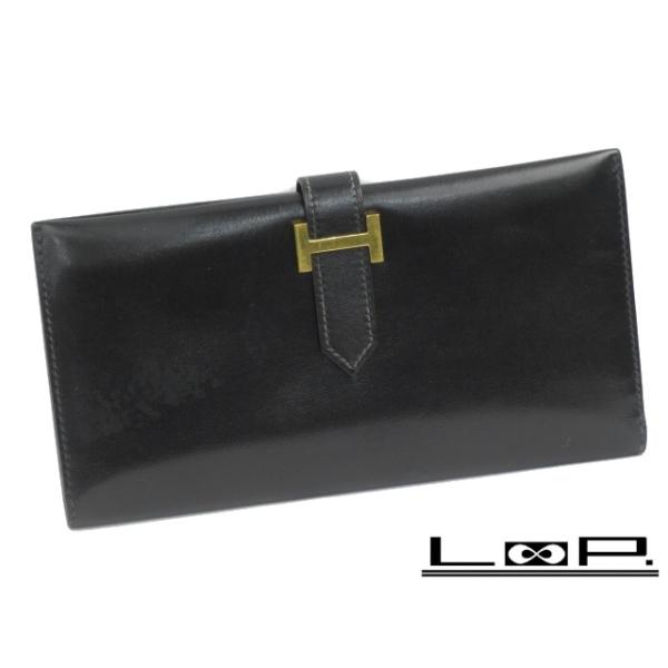 ▼値下げ▼■美品■　エルメス ベアン 長財布 サイフ ブラック ボックスカーフ □C刻 箱 【78965】 ▽値下げ▽□美品□ エルメス ベアン 長財布 サイフ ブラック ボックス