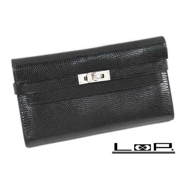 美品♪HERMES エルメス ケリーウォレット リザード 正規品 黒 L刻印 値下げ】□美品□ エルメス ケリー ウォレット 長財布 ブラック