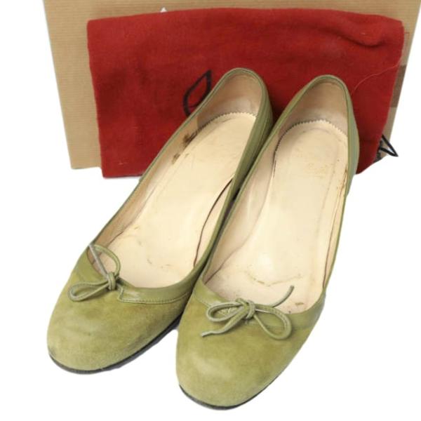Christian Louboutin クリスチャンルブタン スエードローヒールリボンパンプス 37.5(24.5cm) GREEN レッドソール バレエ シューズ