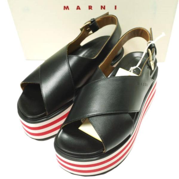 新品 MARNI マルニ 22SS フスベッドウエッジソールサンダル ZPMS007506 P3586 38(24-24.5cm) BLACK 定価119,900円 レザーストラップ 厚底