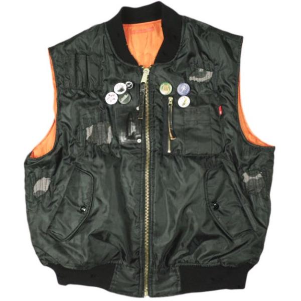 RESURRECTION13 リザラクション13 25AW MA-1 VEST ダメージ＆リペア加工 フライトベスト L BLACK 中綿 ピンバッチ アウター g26792