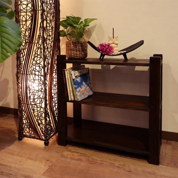 アジアンエスニック木製天然無垢材格子ラックシェルフ三段木製飾り棚