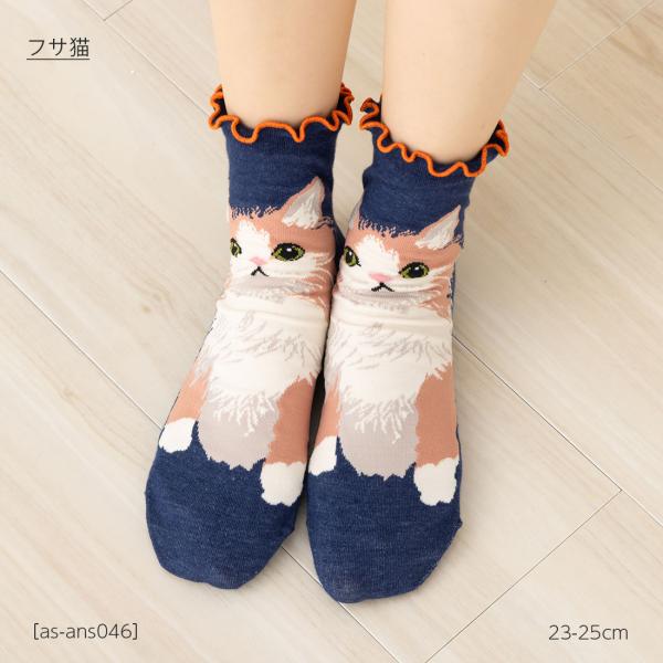 フサ猫 猫柄 ロークルー丈ソックス 23-25cm レディース 靴下 動物 as-ans046 D1PK