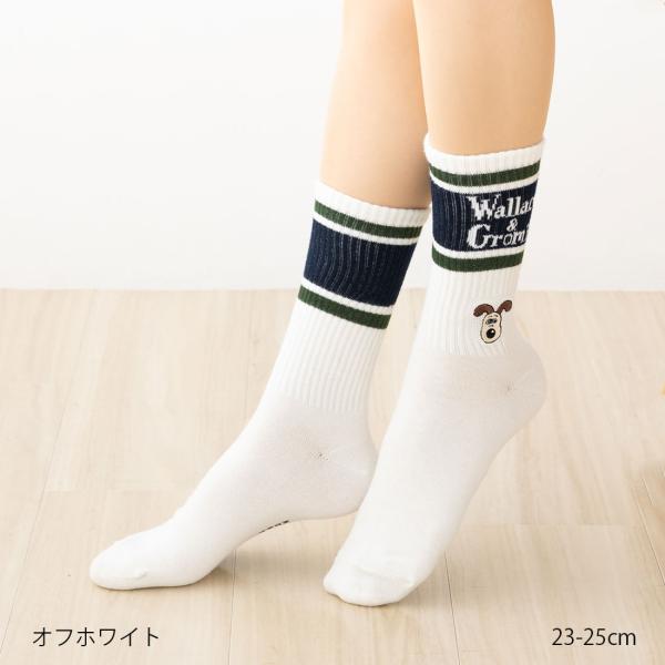 ウォレスとグルミット 刺繍 ライン クルー丈ソックス 全2色 23-25cm 白 紺 レディース 靴下 助野 sk-54m28413 D1PK