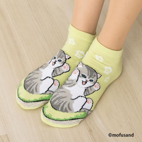 mofusand フロントメロンにゃん柄 スニーカー丈ソックス 23-25cm 靴下 レディース モフサンド ネコ D1PK