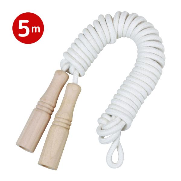 木柄の5mロングなわとびです。サイズ:ロープ/約5m、グリップ/φ22×96mm■サイズ：ロープ/約5mグリップ/φ22×96mm■材質：柄：木、ひも：PP、MBR(合成ゴム)■重さ：160g■生産国：中国●お正月