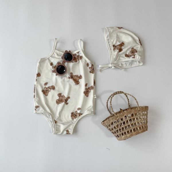 ベビー キッズ 水着 teddy bear swim wear 帽子 テディベア くま くま柄 ボンネット セット 女の子 男の子 ユニセックス 水遊び 可愛い 80cm 90cm 100cm