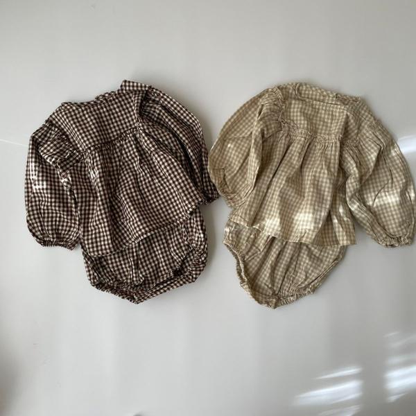 ・素材構成: 95%綿、5%ポリエステル・size:  66 / 73 / 80 / 90・color: beige / brown・ナチュラルなcolorのギンガムチェックが可愛いセットアップです・set upとしての着用はもちろん、上下...