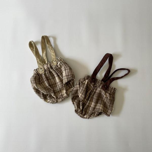 ・素材構成: 90%綿、10%ポリエステル・size:  73 / 80 / 90・color: beige / brown・優しい色味と雰囲気のチェックが可愛いチェックのブルマ・ブルマ期ならではの可愛い可愛いシルエット・コーデュロイ素材の...