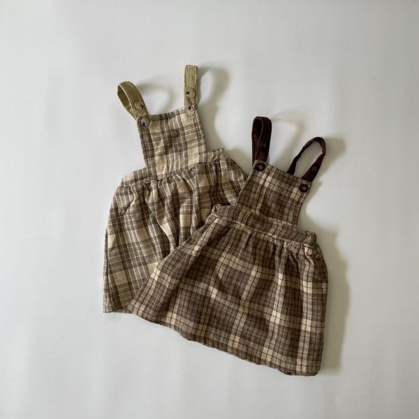 ・素材構成: 90%綿、10%ポリエステル・size:  73 / 80 / 90 / 100・color: beige / brown・優しい色味と雰囲気のチェックが可愛いチェックのワンピース・コーデュロイ素材の肩ひももおしゃれです・肩ひ...