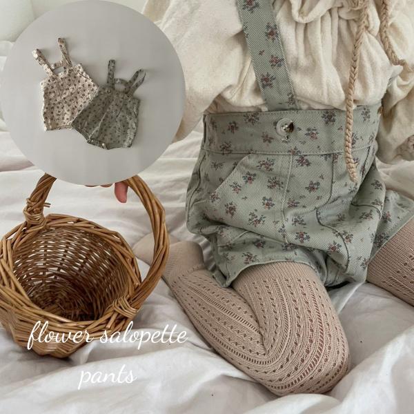 ・素材構成: 95%綿、5%ポリエステル・size:  66 / 73 / 80 / 90・color: ivory / mint・ヴィンテージ風の花柄が可愛いサスペンダーパンツ・薄手のデニムのようなコットン素材です・バックスタイルも可愛い...