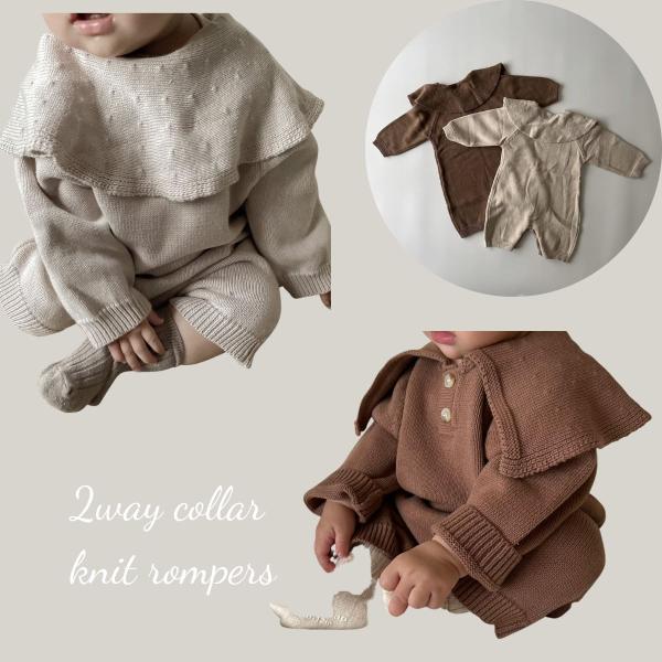 ベビー ロンパース 2way collar knit rompers 前後2way  ビッグ襟 ニット コットン 長袖 ドット 女の子 男の子  可愛い 60cm 66cm 70cm 73cm 80cm 90cm 輸入