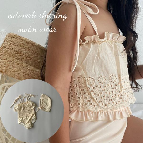 ベビー キッズ 水着 cutwork shirring swim wear カットワーク レース シャーリング ワンピースタイプ 女の子 水遊び ワンピース ノースリーブ 可愛い