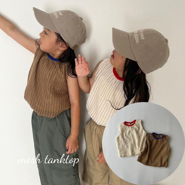 ・素材構成: 60%ポリエステル、40%綿・size: 80~130・color: ivory / brown・涼しげなメッシュ素材と配色が可愛いタンクトップ・全面に裏地が付いているのでメッシュですが透けません・ivoryはred、brow...