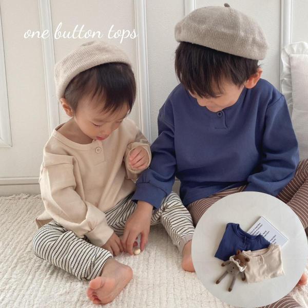 ベビー キッズ 女の子 男の子 長袖 ノーカラー トップス one button tops ボタン ヘンリーネック トレーナー コットン 綿 73cm 80cm 90cm 100cm インポート 海外