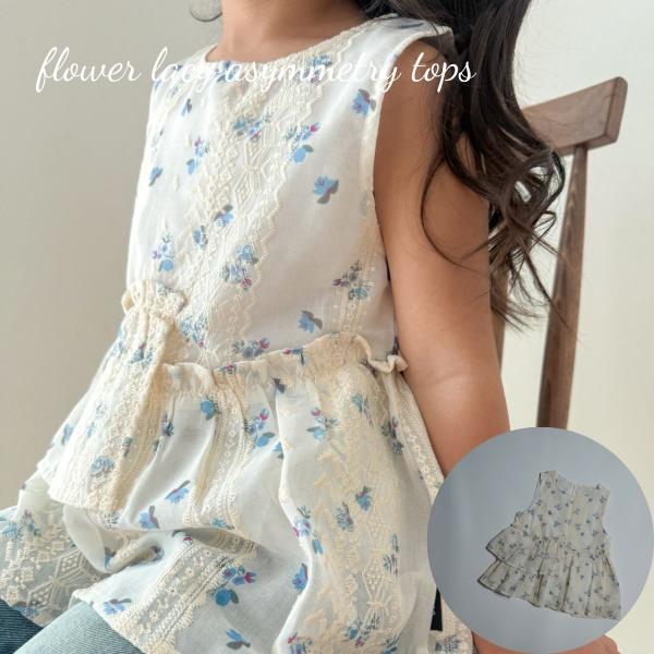 キッズ ベビー 女の子 トップス flower lacy asymmetry tops レース フリル 花柄 ブルー  コットン ノースリーブ ブラウス 90cm 100cm 110cm 120cm 130cm 140cm