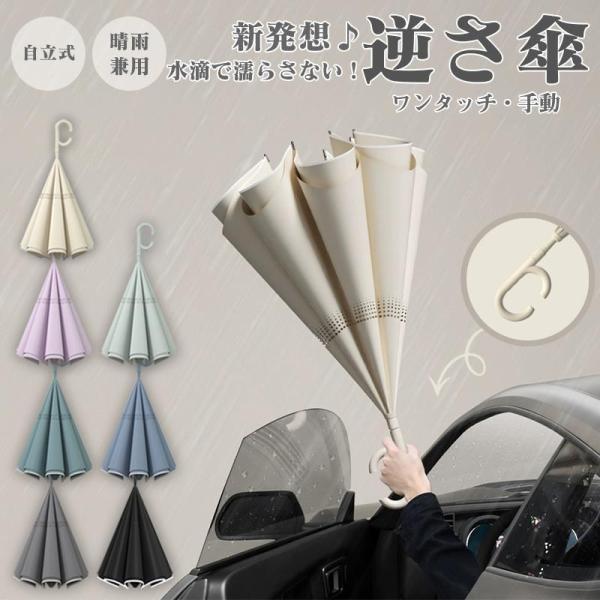 商品名：逆さ傘（自立式・晴雨兼用）タイプ：ワンタッチ・手動サイズ：直径約108cm・全長約80cm素材：ポリエステル重量：手動タイプと自動開き/手動閉じタイプ:570グラム手動開き/自動閉じタイプ:510グラム商品特徴：●逆さに開いていろい...