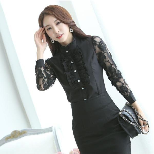 シフォンシャツ ブラウス スタンド襟 レース シースルー 長袖 フリル 透ける レース袖 エレガント ブラック 黒 ホワイト 白 サイズ豊富 大きいサ 64 46 Love4you 通販 Yahoo ショッピング