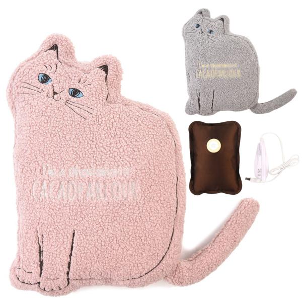 シックボア雑貨24-7667　ぬくぬくたんぽクッション　カカオちゃんぬいぐるみのポケットにあたためた蓄熱式湯たんぽを入れて使用する中綿入りのクッションです。お膝に乗せると適度な重みと温かさがまるで子猫を乗せているよう。すべて刺繍で仕上げてい...