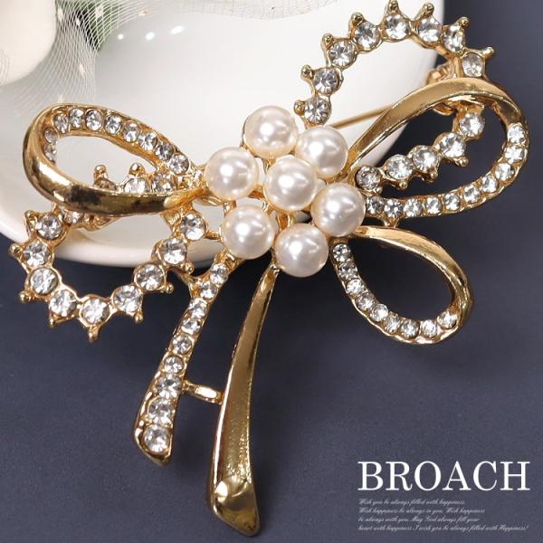 ブローチ おしゃれ リボンデザインパール 結婚式 入学式 卒業式