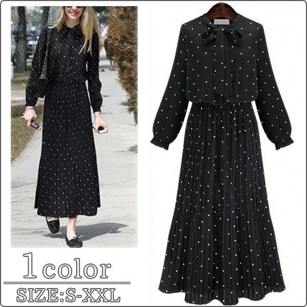 ワンピース レディース ロングワンピース 水玉 ドット 長袖 Aライン フレア ドレス 体型カバー レディース J14ba Love Girls 通販 Yahoo ショッピング