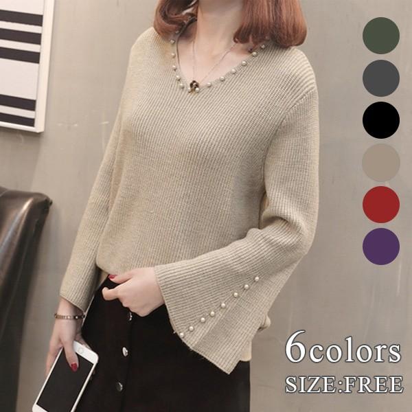 フレア袖 ビジュー付き ゆったり Vネック カットソー ニットソー ニット 長袖 秋冬 トップス レディース 40円 送料無料 J1714ba Love Girls 通販 Yahoo ショッピング