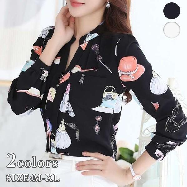 可愛い プリント ブラウス おしゃれ 長袖 ホワイト ブラック トップス レディース J1749ba Love Girls 通販 Yahoo ショッピング