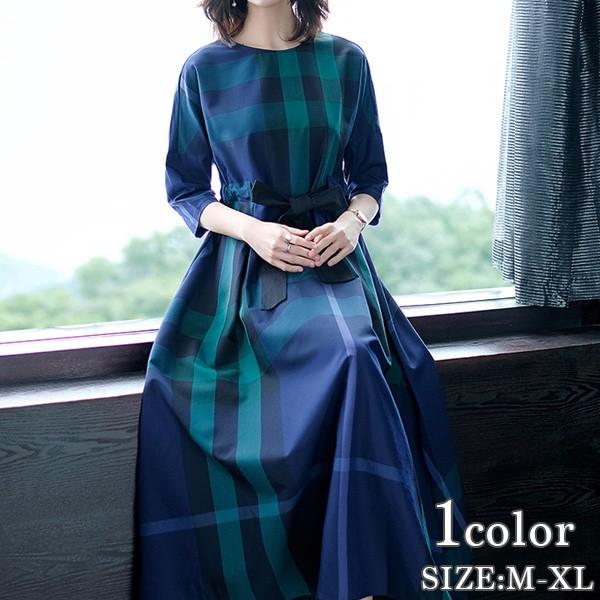 レトロ チェック ワンピース ロング丈 マキシ丈 リボン ラウンドネック 7分丈 ワンピース レディース J1905ba Love Girls 通販 Yahoo ショッピング