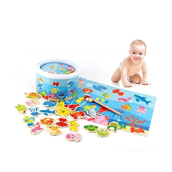 人気商品 Vimicoo マグネット式釣りゲーム 木製パズル 知育玩具 親子ゲーム 子供 おもちゃ 水なし 安全無毒 魚釣り バケツ 釣り竿 楽しい おもしろい