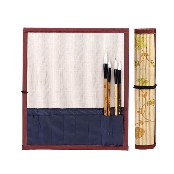 筆巻き 書道 30cm*26cm 花柄 竹製 ポケット付き コンパクト
