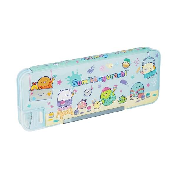 ペンケース・B柄  PT14102・【シリーズ】すみっコぐらしのゴーゴースクールシリーズ・【サイズ】240mm×95mm×30mm・【仕様】両面開きタイプ鉛筆削り付き・【付属】時間割表、お名前シール