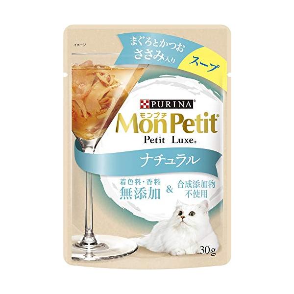 他サイト： モンプチ キャットフード プチリュクスパウチ ナチュラル スープ 成猫 ささみ入りまぐろとかつお 30gx12の商品画像