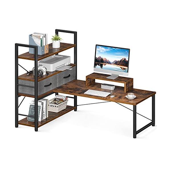 ODK ローデスク パソコンデスク ロータイプ 幅120cm 引き出し付き モニター台付き ゲーミングデスク pcデスク 4段収納ラック付き 左