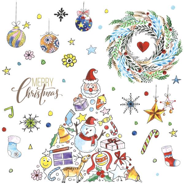 クリスマス ウォールステッカー 日本製 リース サンタ トナカイ 手書き 水彩 飾り 北欧 お洒落 シール ポスター 壁紙