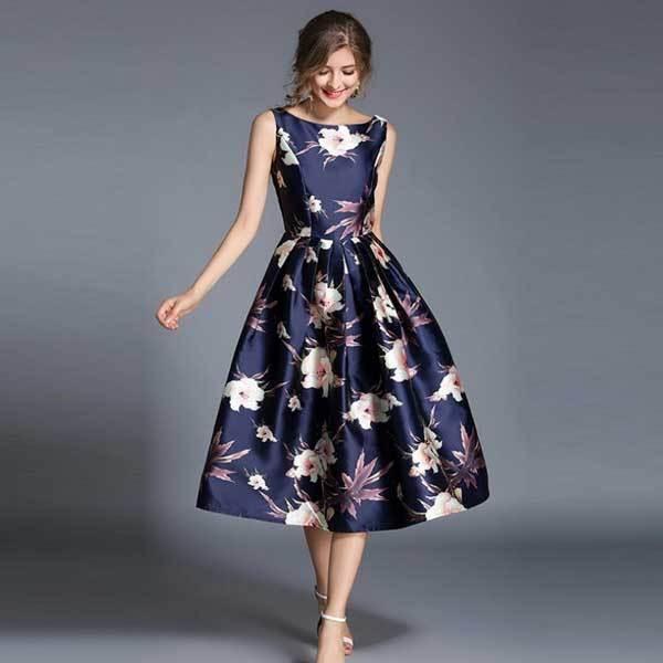 結婚式ドレス パーティードレス Aライン プリンセスライン 大人可愛い ネイビー 大きな花柄 ディナーショー 30代 40代 50代 ひざ丈 ミモレ丈 Yahon261 De Luceo 通販 Yahoo ショッピング