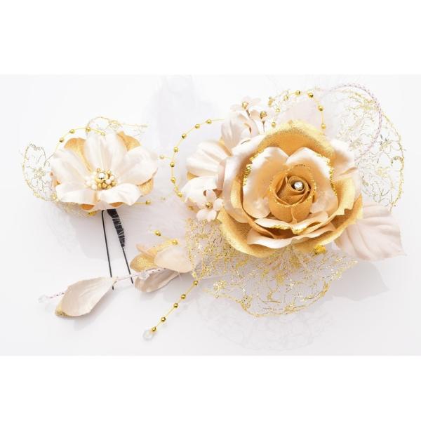 花髪飾り かんざし シャンパンゴールド 賜物 成人式 振袖 卒業式 袴 髪型 花 着物 ドレス 簪 和装