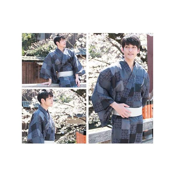 浴衣 メンズ 男物高級綿浴衣3点セット 新品 送料無料 紺 グレーの和柄入り市松模様 男 大きいサイズ 大人 下駄 男性 角帯 Llサイズ