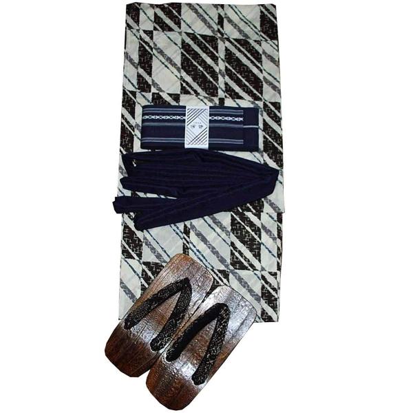 男性用 浴衣4点セット メンズ 浴衣 角帯 下駄 腰紐ロング ｍサイズ 白系