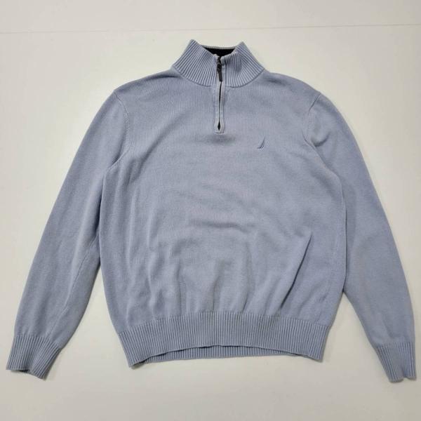 【古着】NAUTICA(ノーティカ)　裾リブニットハーフジップセーター　水色　Mサイズ