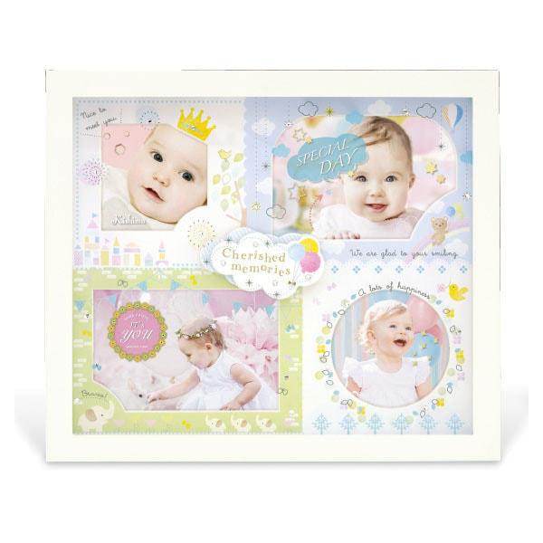 大切な写真を切らずにたっぷり飾れて大人気。ラインストーンが散りばめられたガラスとパステルカラー の台紙が重なるフォトフレーム。　　可愛らしいイラスト楽しい雰囲気の多窓フォトフレームです。サービスサイズの写真を重ね合わせて入れられるので、大切...