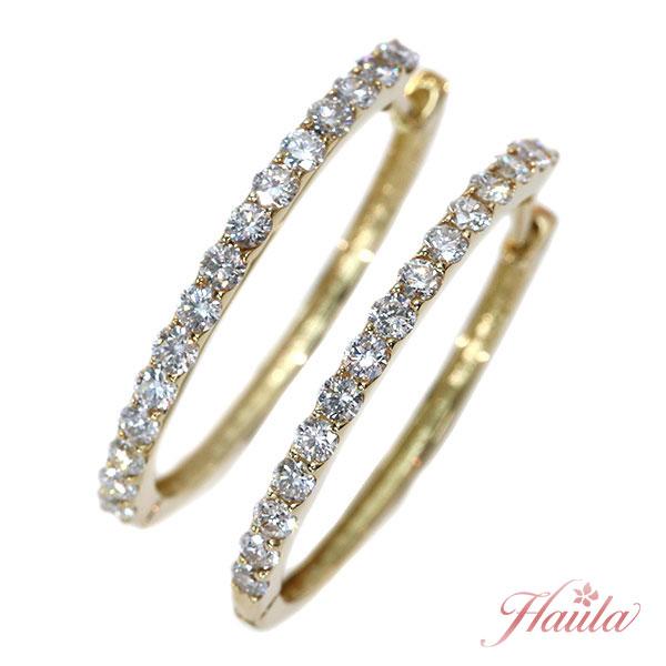 ダイヤモンド ピアス 1.0カラット 18金イエローゴールド K18 フープ  