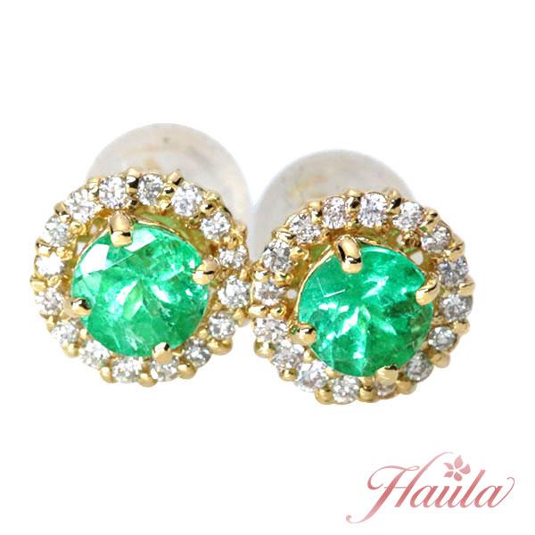エメラルド ピアス 0.58ct ゴールド K18 ミルグレーン・ダイヤ取り巻き